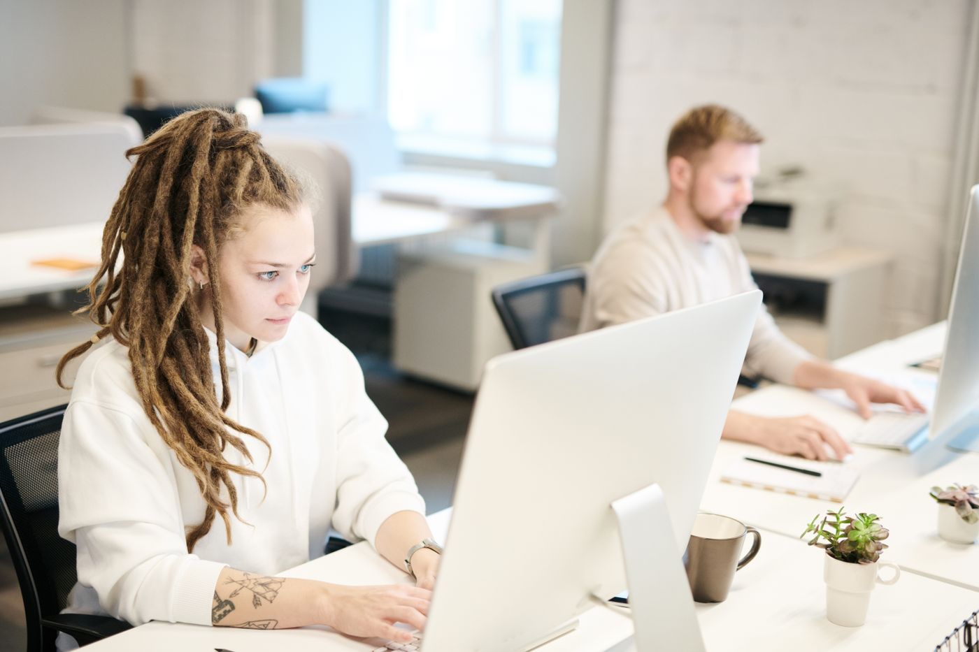 Two colleagues using desktop computers in an office