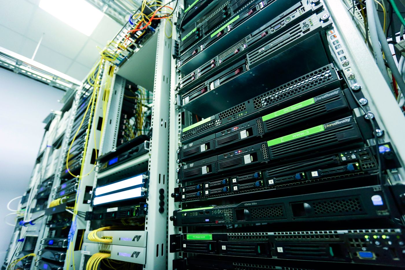 Network servers and cables inside a server rack